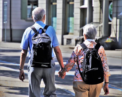 Senior indian couple walking comfortably in a green park